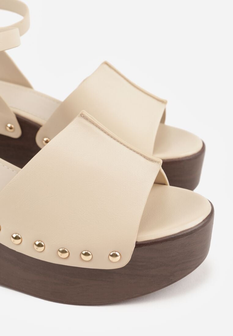 Beżowe Sandały na Koturnie i Platformie Ozdobione Nitami Rhethe 8