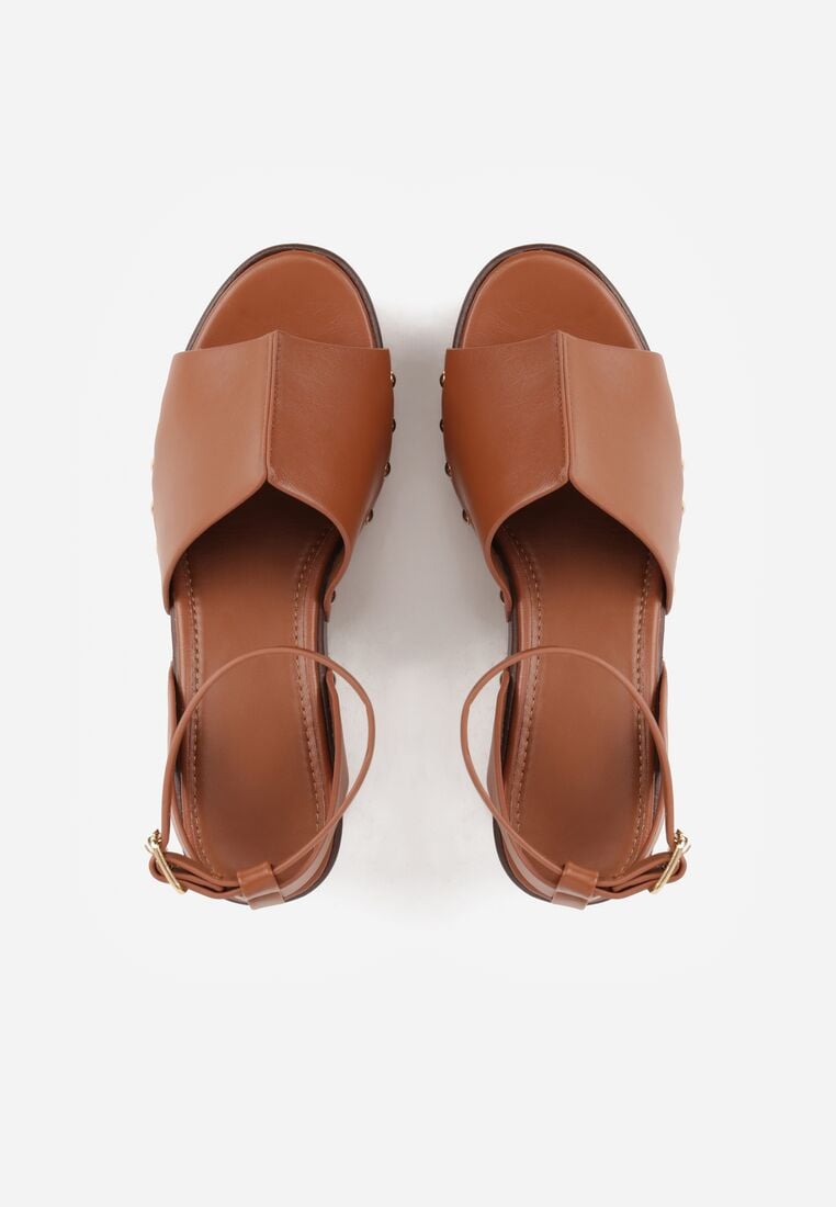 Brązowe Sandały na Koturnie i Platformie Ozdobione Nitami Rhethe 6