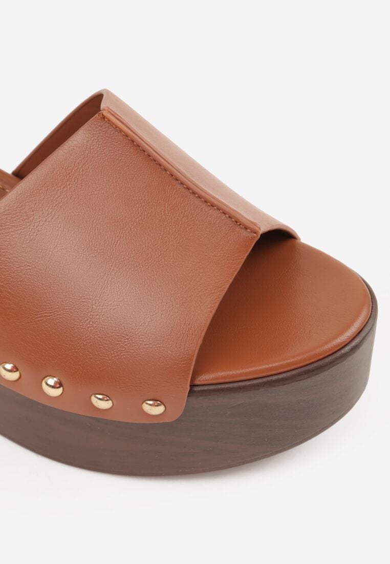 Brązowe Sandały na Koturnie i Platformie Ozdobione Nitami Rhethe 8