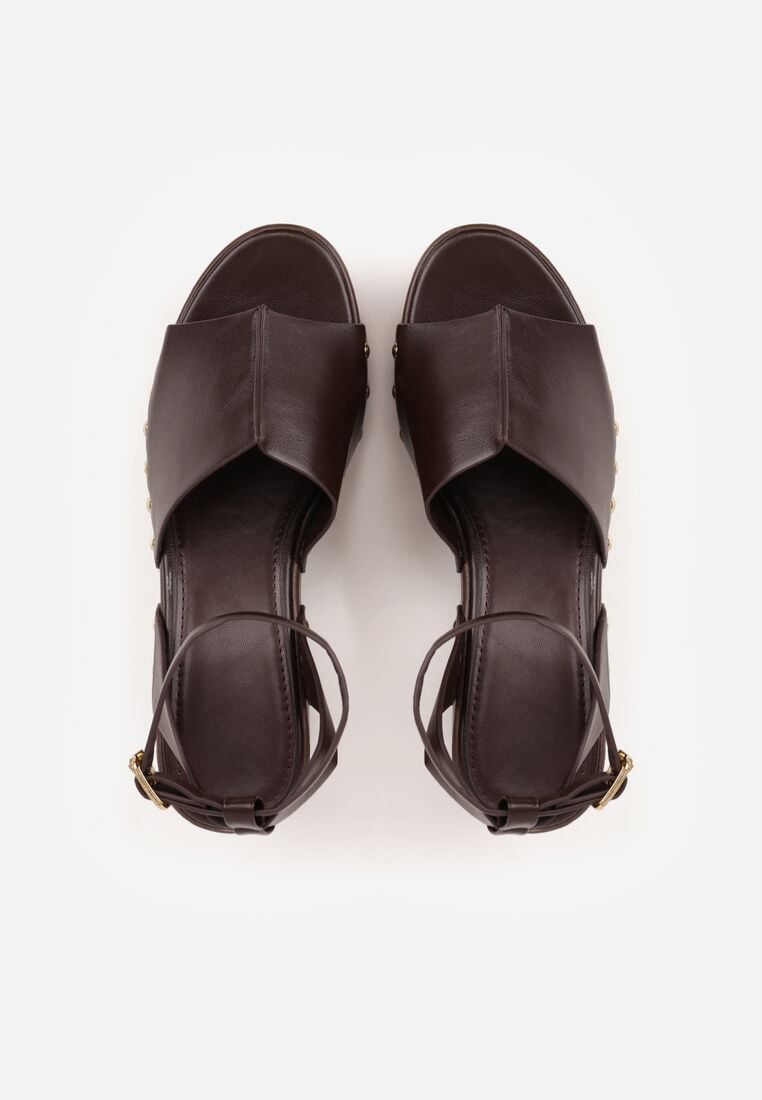 Ciemnobrązowe Sandały na Koturnie i Platformie Ozdobione Nitami Rhethe 6