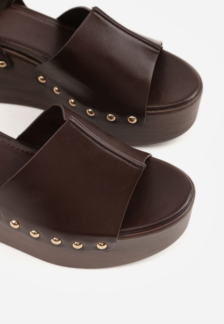 Ciemnobrązowe Sandały na Koturnie i Platformie Ozdobione Nitami Rhethe 8