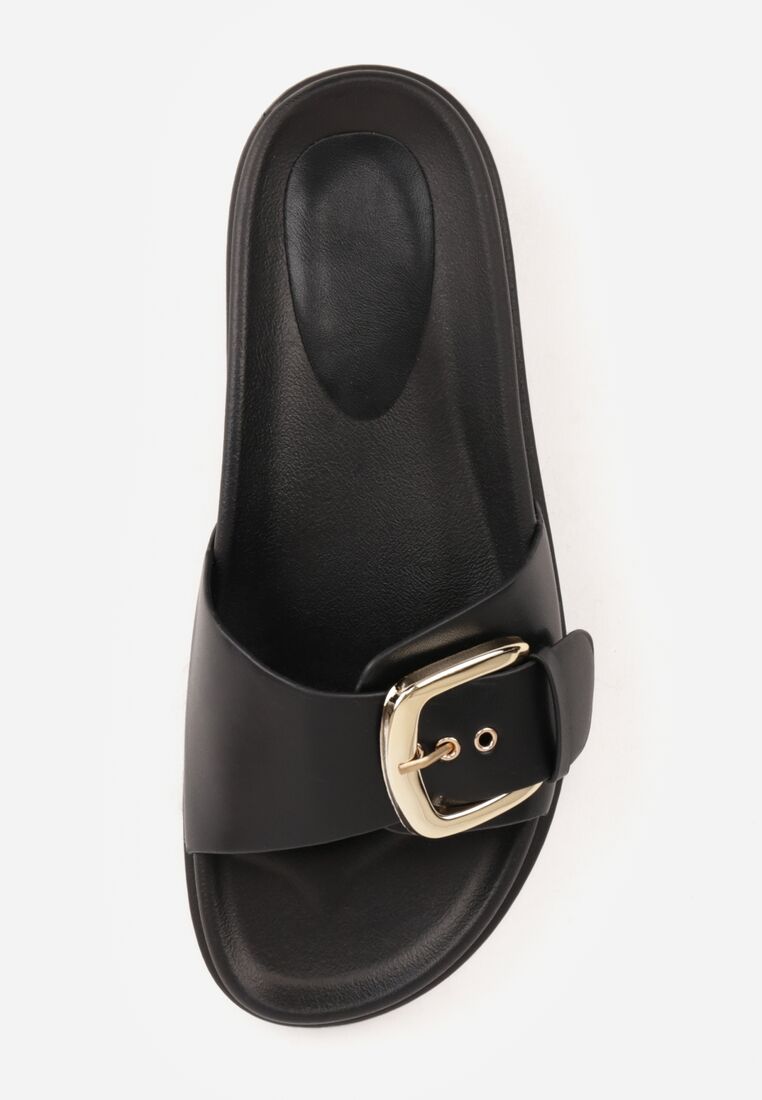 Czarne Klapki na Grubej Podeszwie Ozdobione Metaliczną Klamrą Lorefer 6