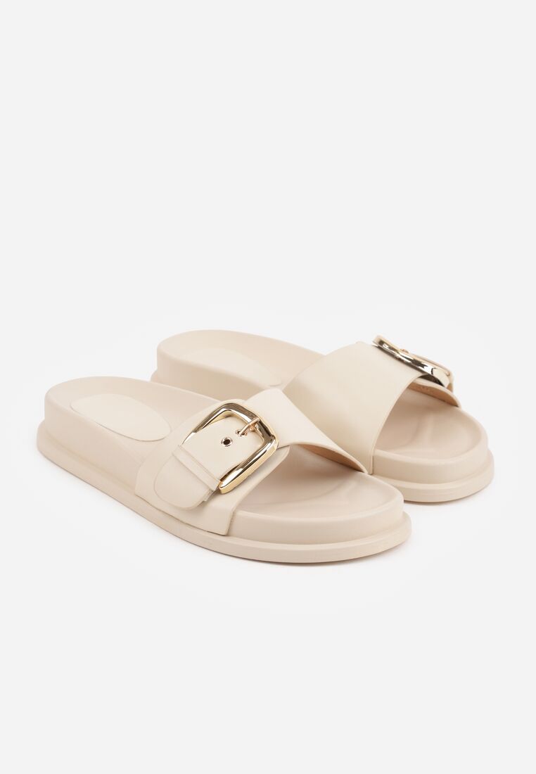 Beżowe Klapki na Grubej Podeszwie Ozdobione Metaliczną Klamrą Lorefer 5