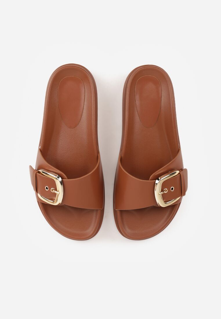 Brązowe Klapki na Grubej Podeszwie Ozdobione Metaliczną Klamrą Lorefer 6