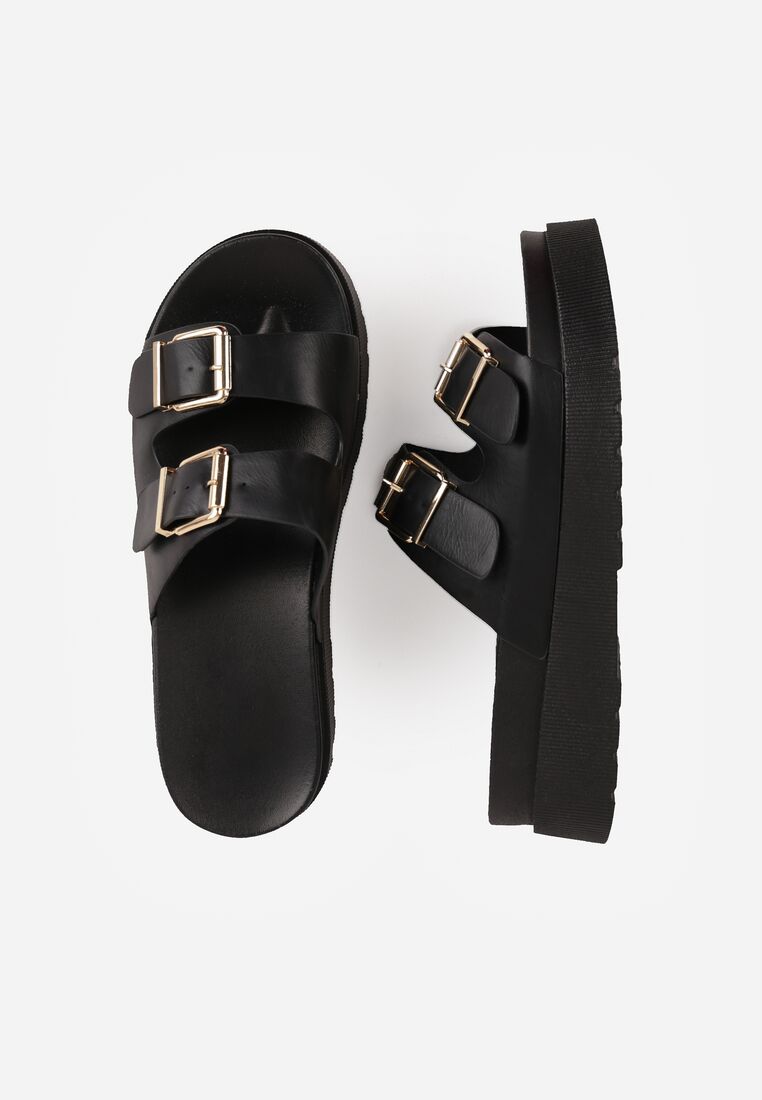 Czarne Klapki na Grubej Podeszwie z Dwoma Klamrami Xenienne 5