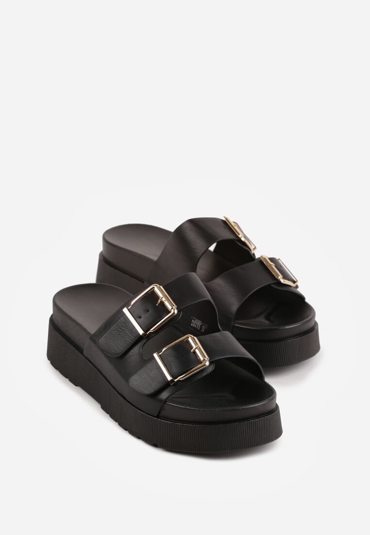 Czarne Klapki na Grubej Podeszwie z Dwoma Klamrami Xenienne 7