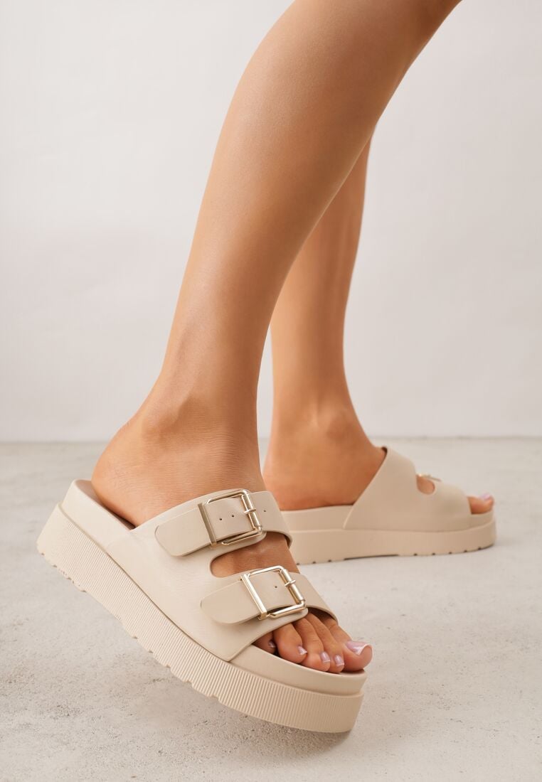 Beżowe Klapki na Grubej Podeszwie z Dwoma Klamrami Xenienne 1