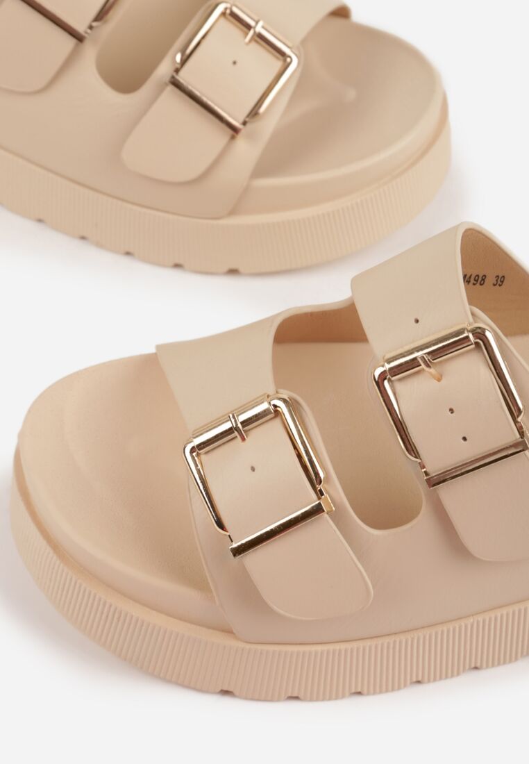 Beżowe Klapki na Grubej Podeszwie z Dwoma Klamrami Xenienne 8