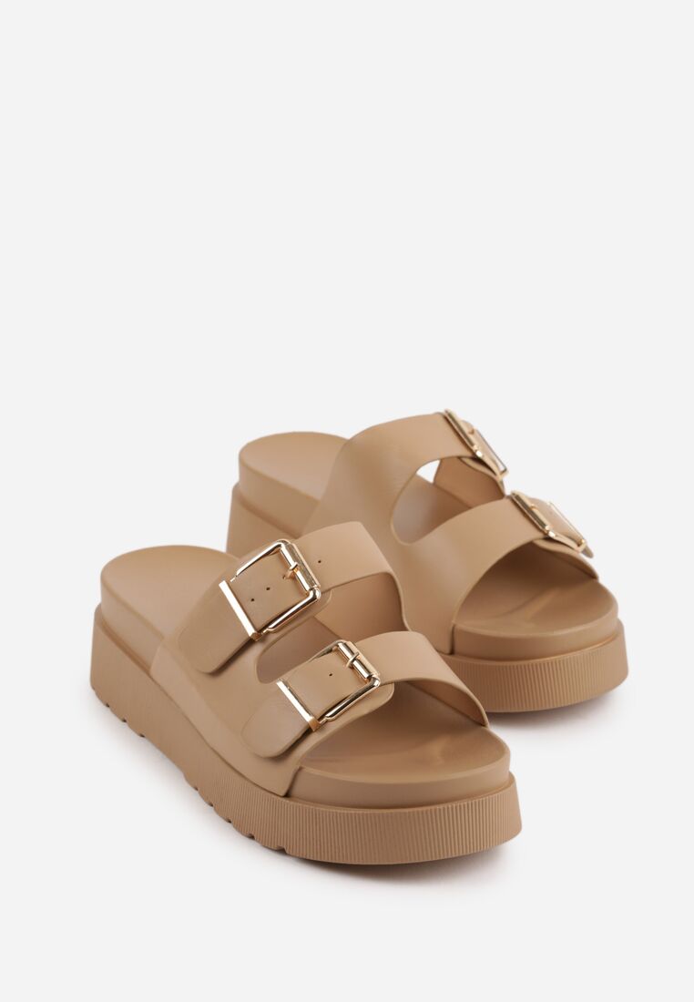 Ciemnobeżowe Klapki na Grubej Podeszwie z Dwoma Klamrami Xenienne 5