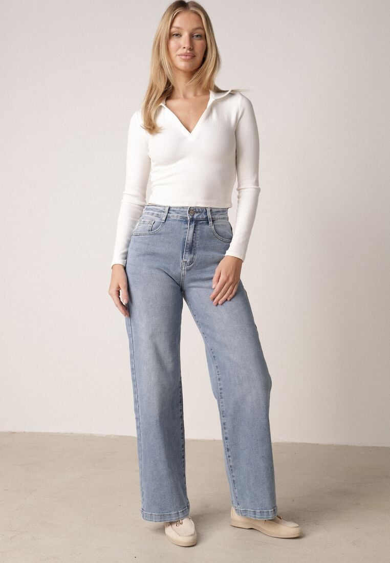 Granatowe Klasyczne Jeansy z Bawełną o Szerokim Kroju z Wysokim Stanem Collenneg 1