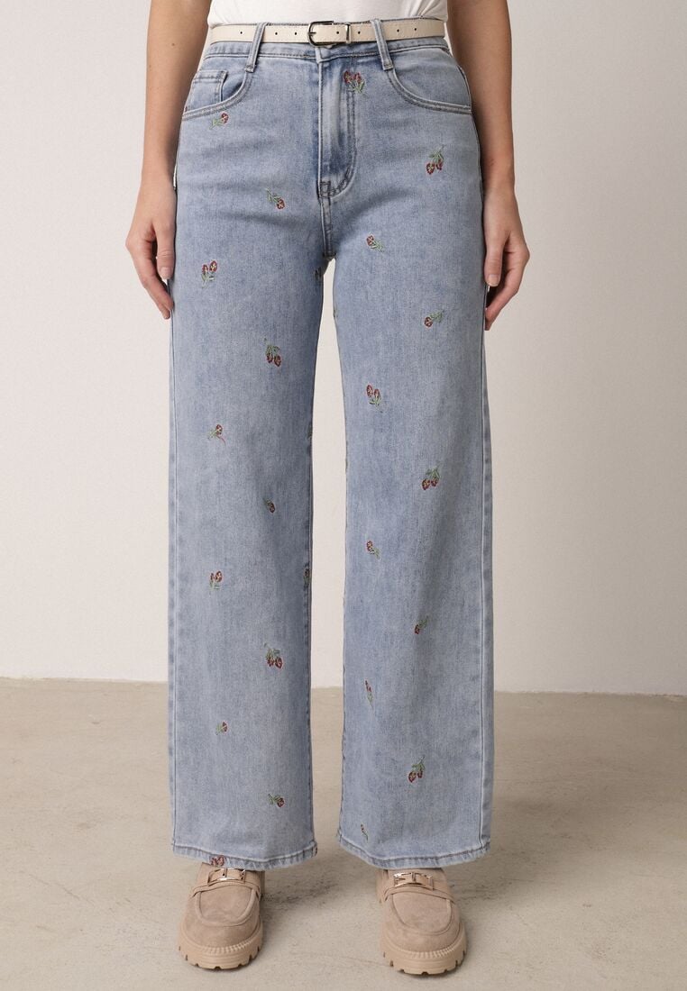 Niebieskie Jeansy z Bawełną o Szerokim Kroju z Wysokim Stanem Ozdobione Haftem Oslian 4