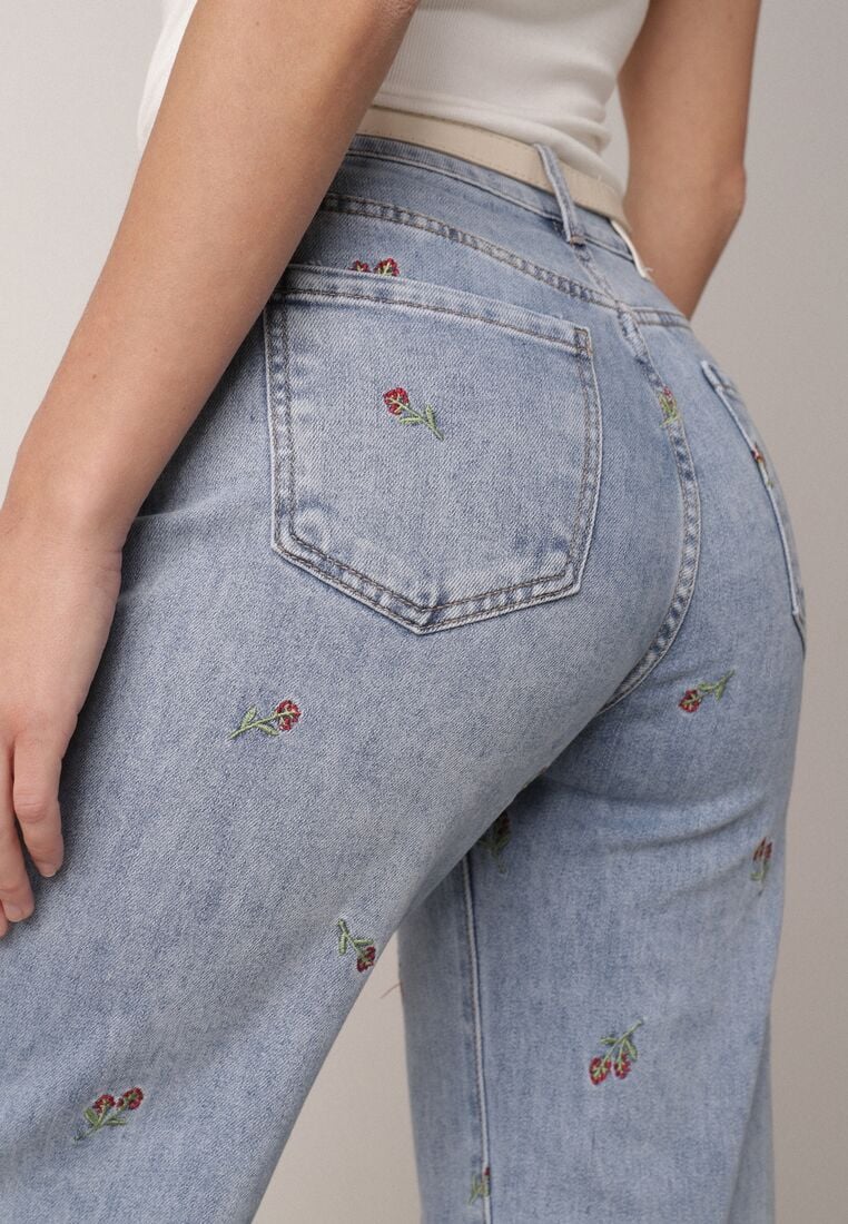 Niebieskie Jeansy z Bawełną o Szerokim Kroju z Wysokim Stanem Ozdobione Haftem Oslian 5