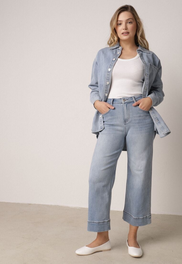 Niebieskie Jeansy Kuloty z Bawełną o Szerokim Kroju z Wysokim Stanem z Przeszyciami Hippesilea 1