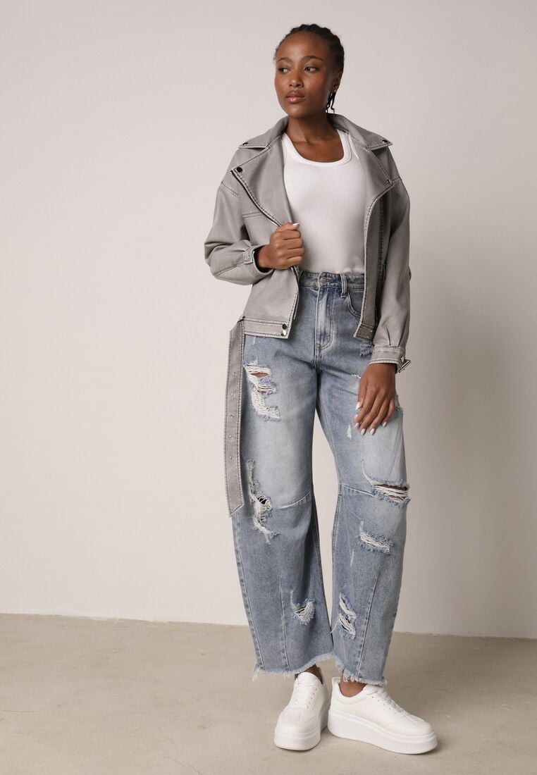 Niebieskie Bawełniane Jeansy Balloon z Wysokim Stanem i z Prztarciami Dziurami Typhaea 1