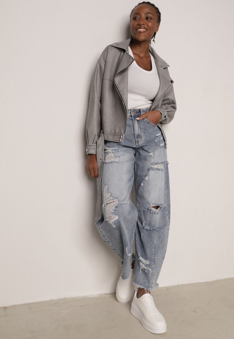 Niebieskie Bawełniane Jeansy Balloon z Wysokim Stanem i z Prztarciami Dziurami Typhaea 4