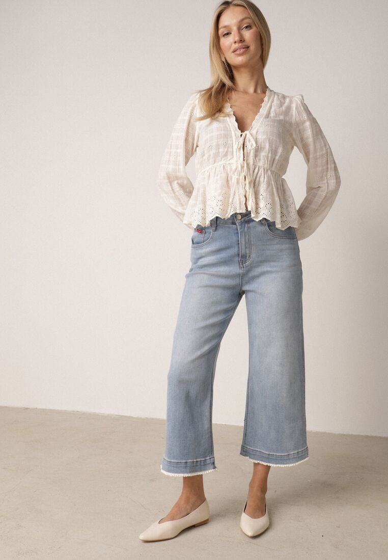 Niebieskie Jeansy Kuloty z Bawełną o Szerokim Kroju z Wysokim Stanem i Perełkami Kharope 1