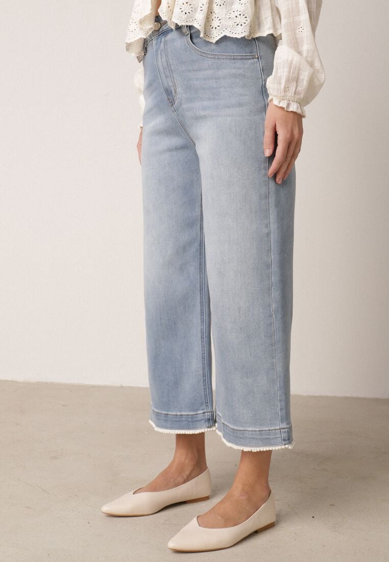 Niebieskie Jeansy Kuloty z Bawełną o Szerokim Kroju z Wysokim Stanem i Perełkami Kharope 4