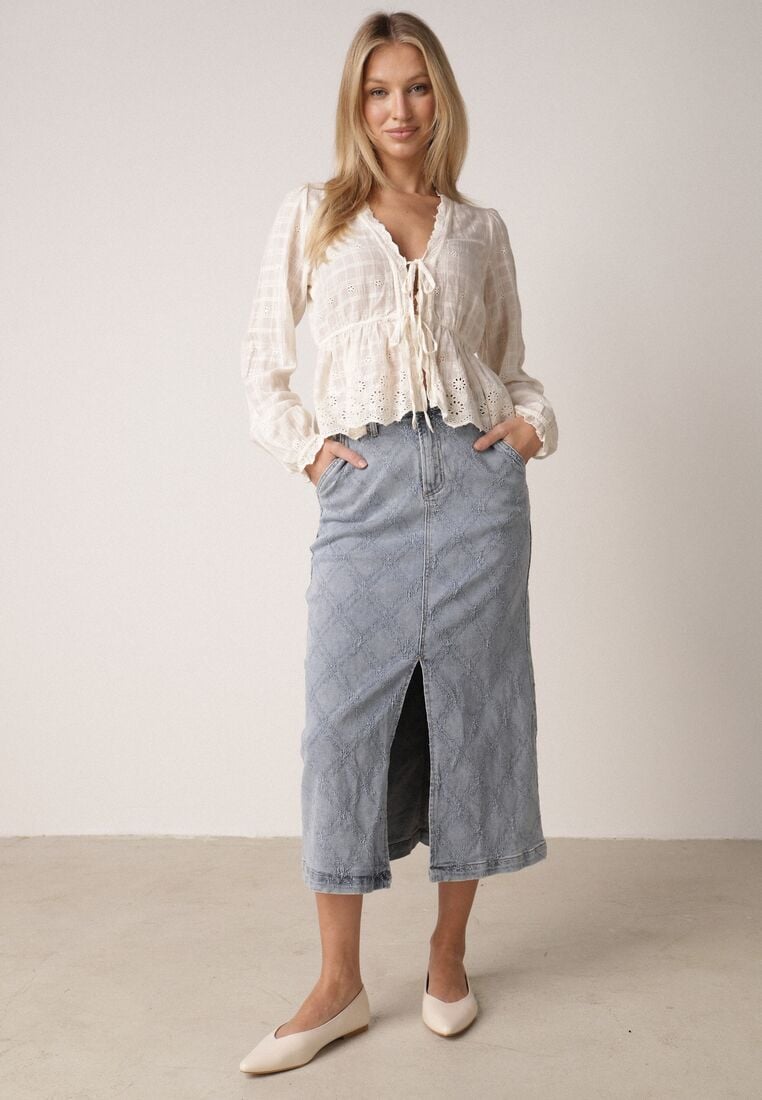 Niebieska Bawełniana Spódnica Jeansowa w Romby z Rozcięciem z Przodu Arissbeth 1