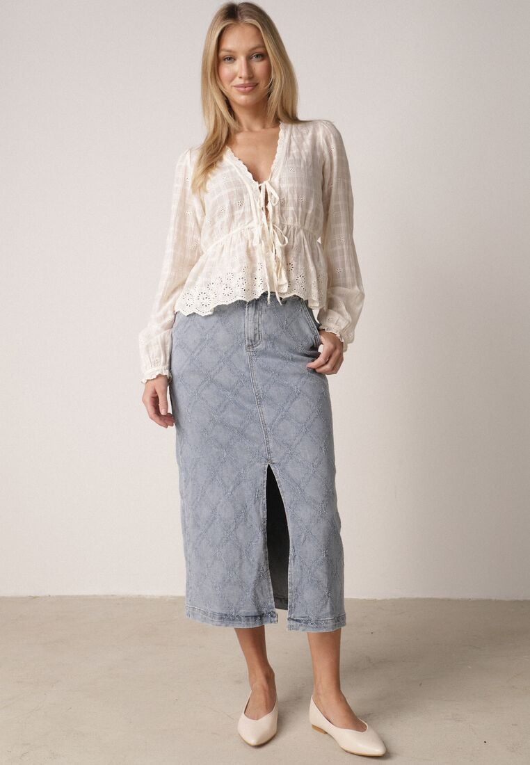 Niebieska Bawełniana Spódnica Jeansowa w Romby z Rozcięciem z Przodu Arissbeth 2