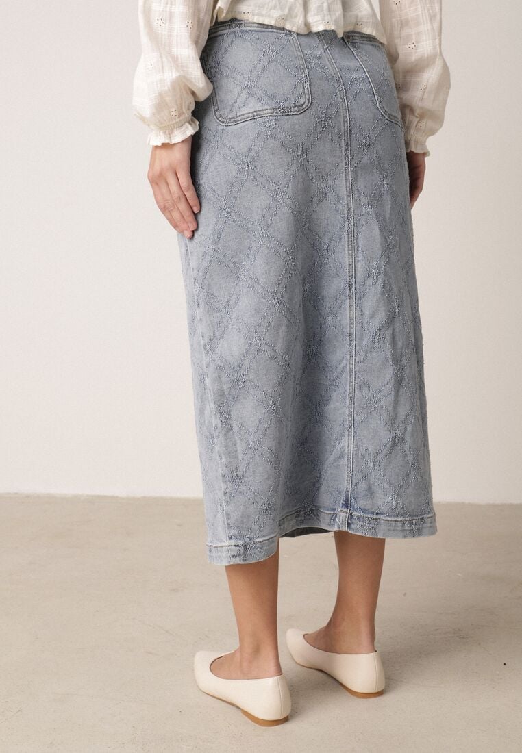 Niebieska Bawełniana Spódnica Jeansowa w Romby z Rozcięciem z Przodu Arissbeth 3