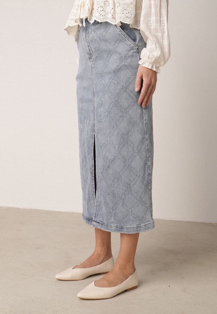 Niebieska Bawełniana Spódnica Jeansowa w Romby z Rozcięciem z Przodu Arissbeth 4