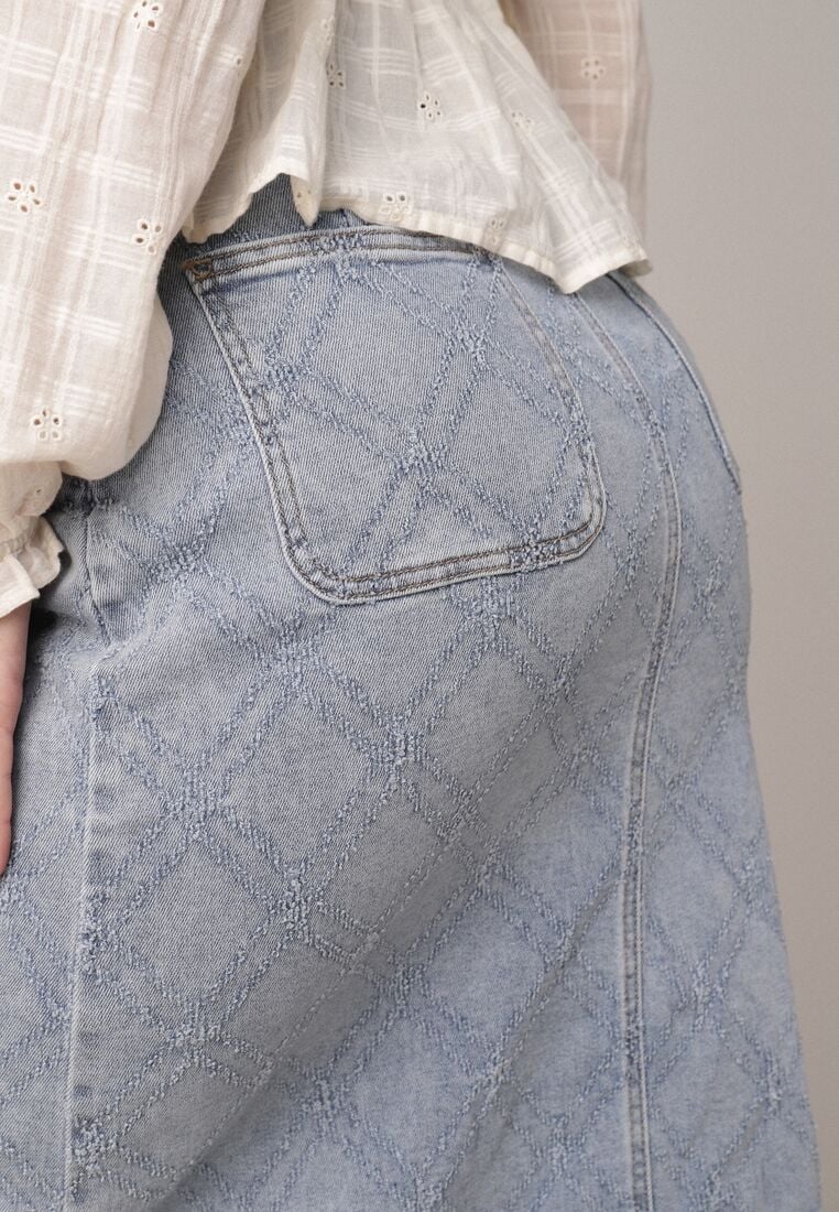 Niebieska Bawełniana Spódnica Jeansowa w Romby z Rozcięciem z Przodu Arissbeth 5