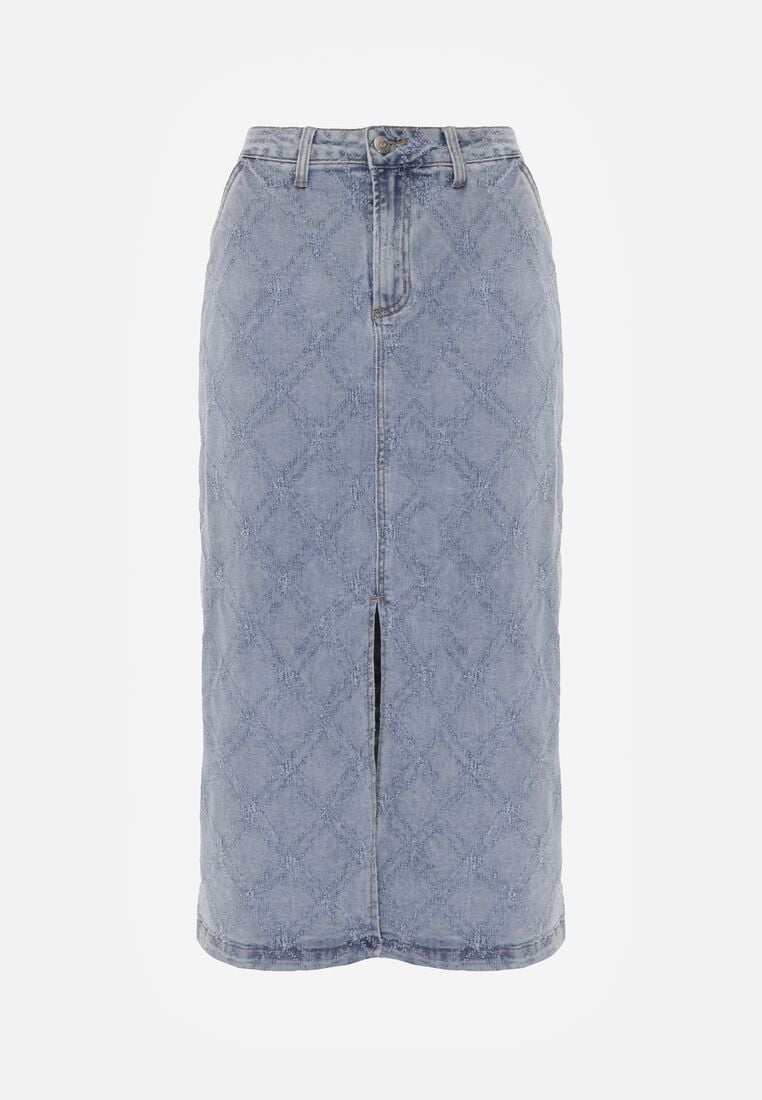 Niebieska Bawełniana Spódnica Jeansowa w Romby z Rozcięciem z Przodu Arissbeth 6