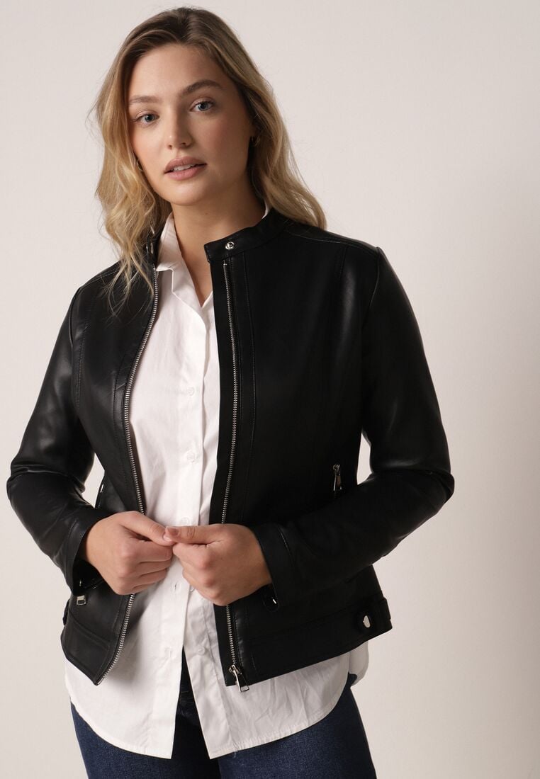 Czarna Klasyczna Kurtka Ramoneska o Taliowantym Kroju Anlea 4