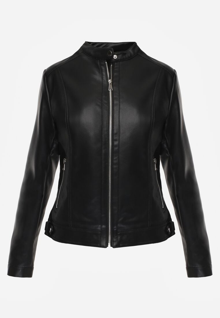 Czarna Klasyczna Kurtka Ramoneska o Taliowantym Kroju Anlea 6