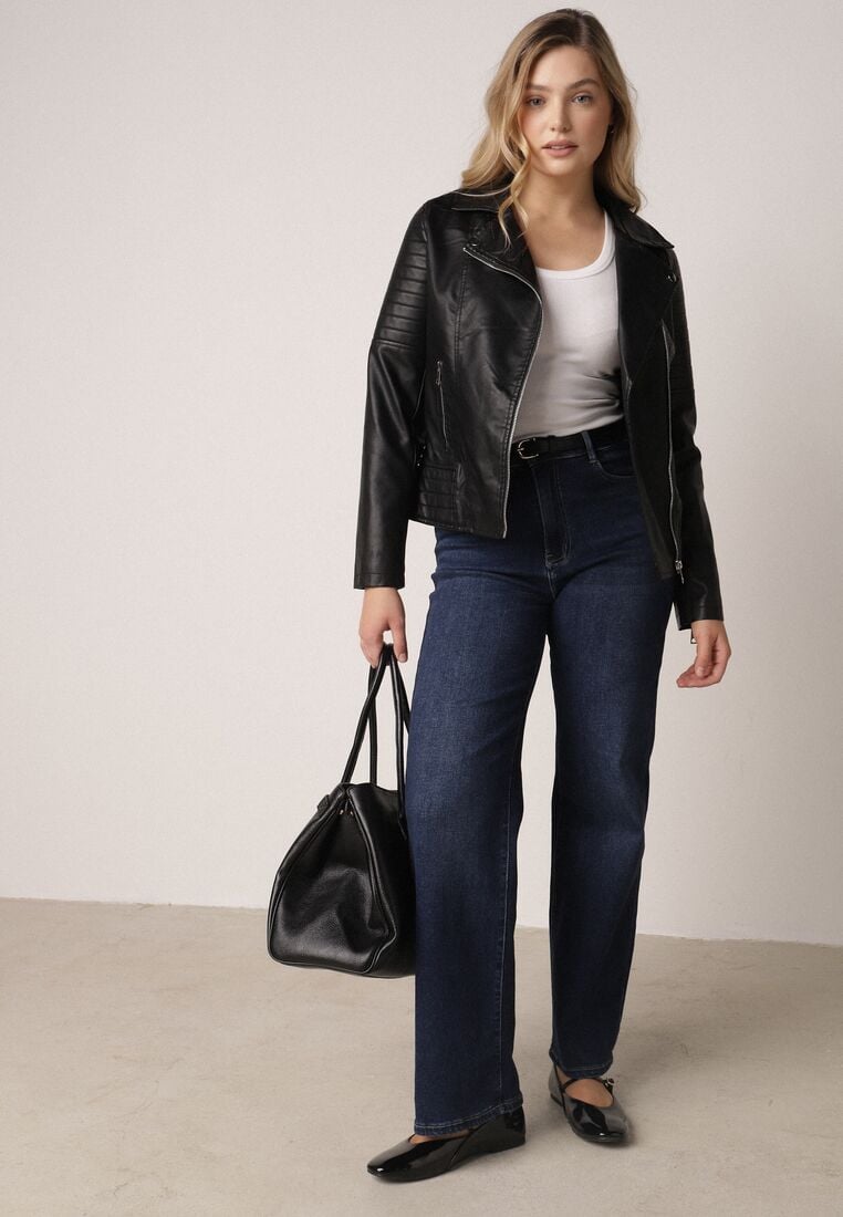 Czarna Klasyczna Kurtka Ramoneska w Motocyklowym Stylu Kelmi 2