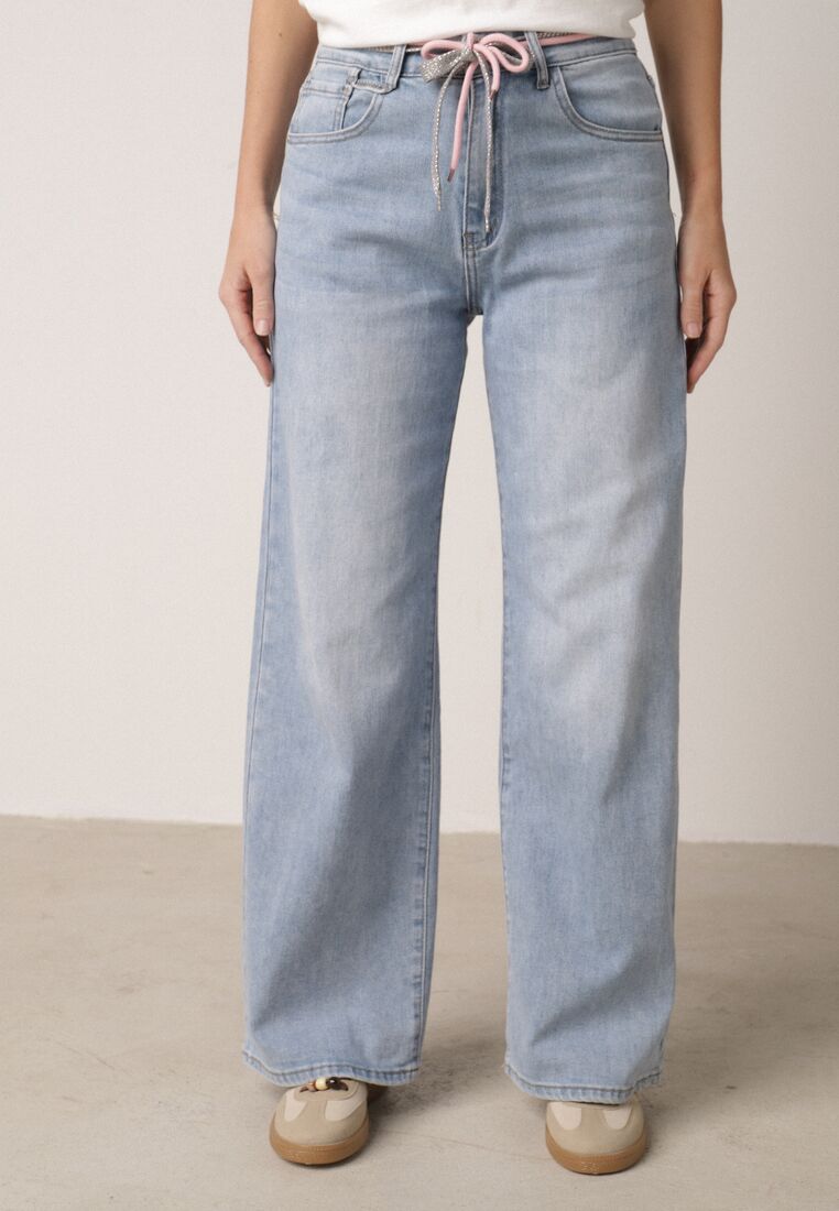 Niebieskie Szerokie Jeansy z Bawełną Wysokim Stanem i Paskiem Typu Sznurek Nevinias 2