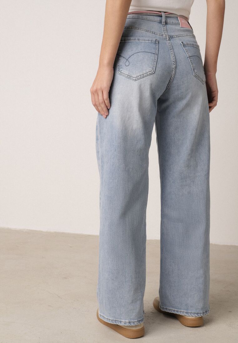 Niebieskie Szerokie Jeansy z Bawełną Wysokim Stanem i Paskiem Typu Sznurek Nevinias 3