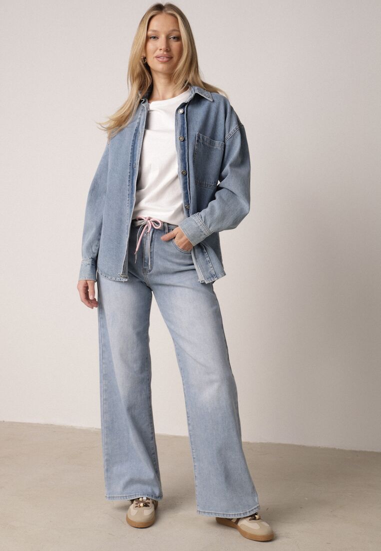 Niebieskie Szerokie Jeansy z Bawełną Wysokim Stanem i Paskiem Typu Sznurek Nevinias 4