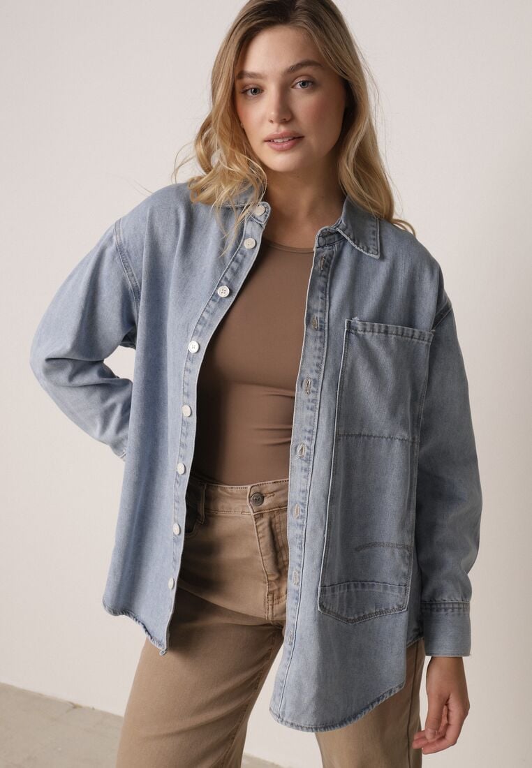 Niebieska Koszula Jeansowa z Bawełną Ozdobiona Przeszyciami Junie 1