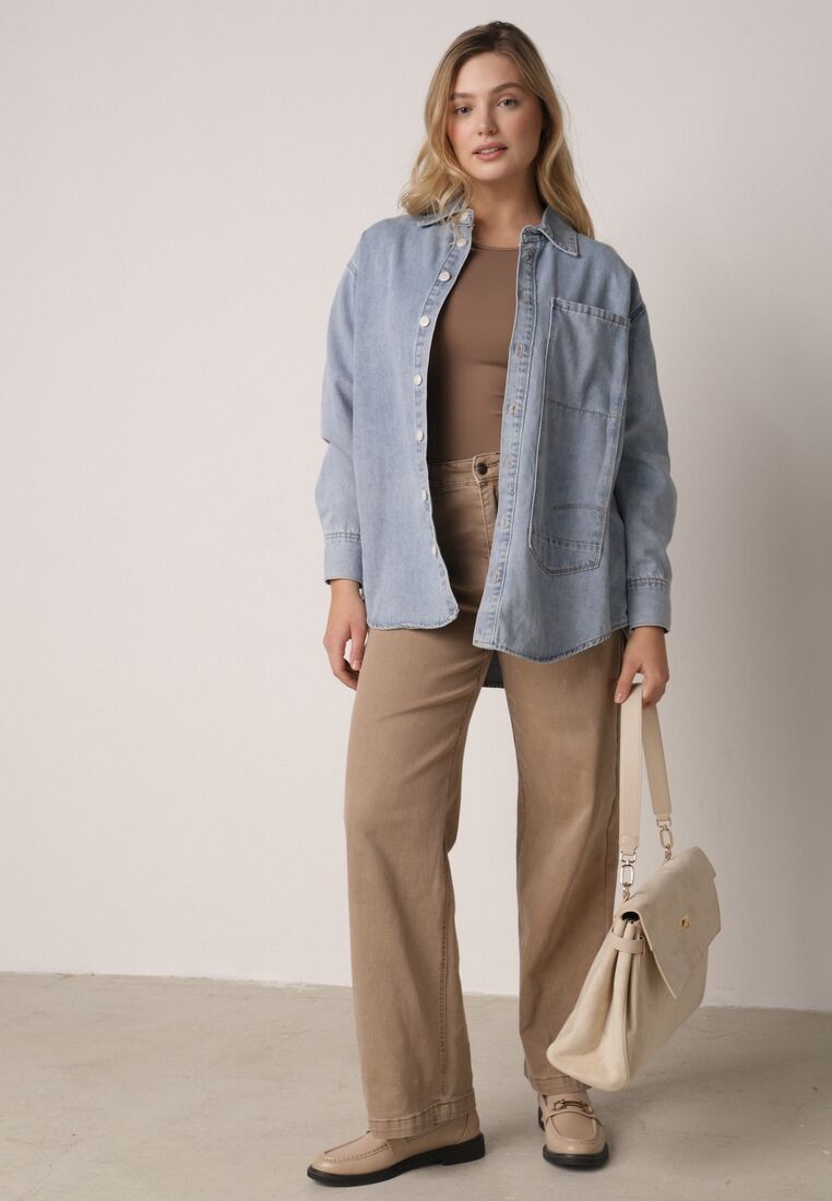 Niebieska Koszula Jeansowa z Bawełną Ozdobiona Przeszyciami Junie 2