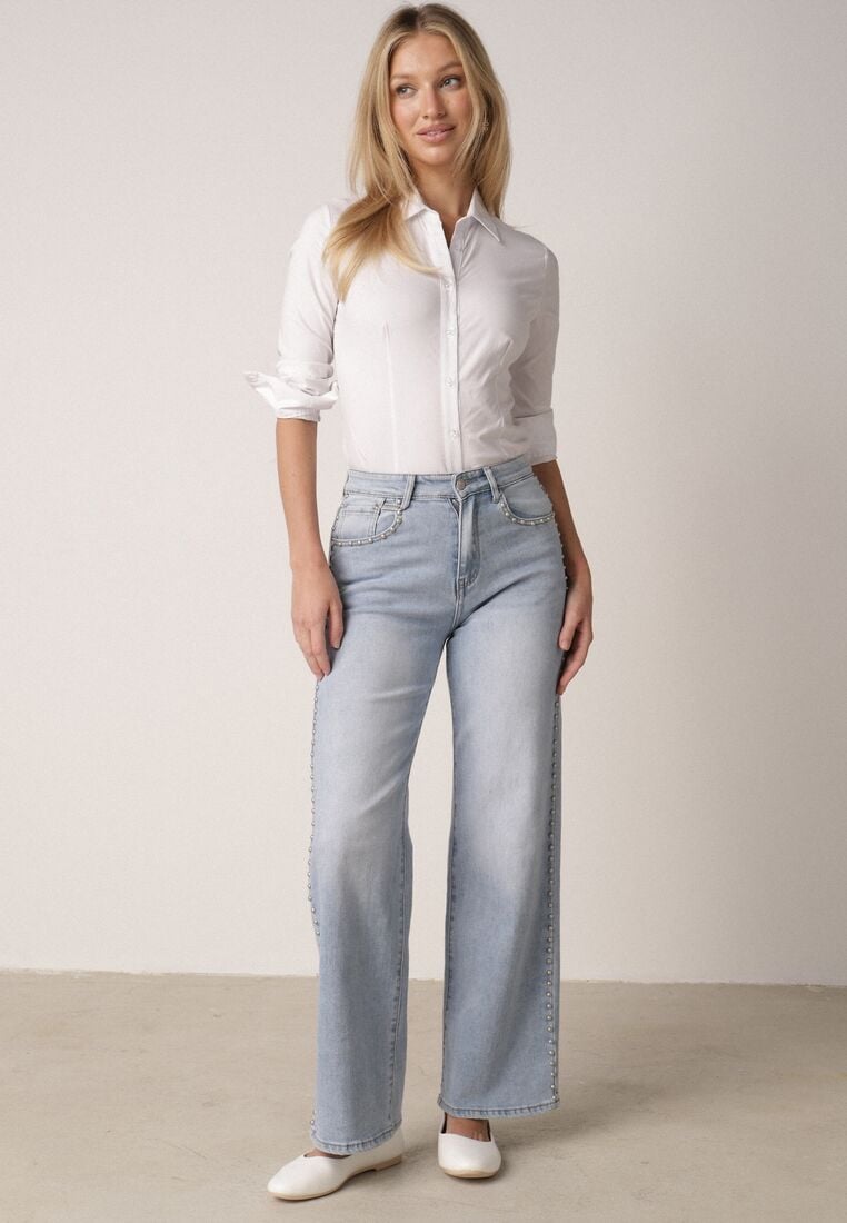 Niebieskie Szerokie Jeansy Wysoki Stan z Bawełną Ozdobione Nitami Basithoe 1