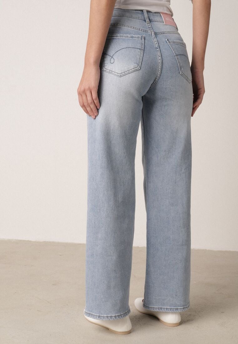 Niebieskie Szerokie Jeansy Wysoki Stan z Bawełną Ozdobione Nitami Basithoe 3