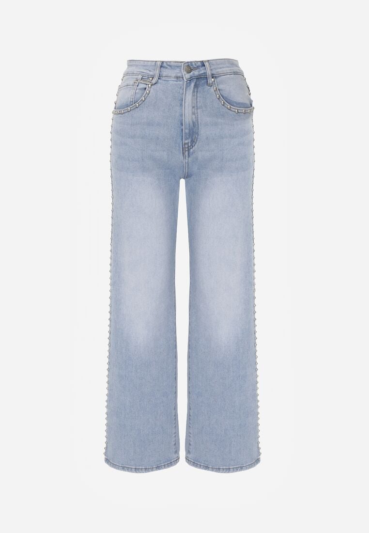 Niebieskie Szerokie Jeansy Wysoki Stan z Bawełną Ozdobione Nitami Basithoe 6