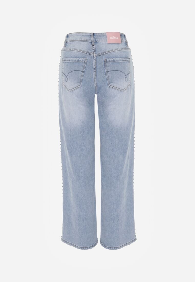 Niebieskie Szerokie Jeansy Wysoki Stan z Bawełną Ozdobione Nitami Basithoe 7