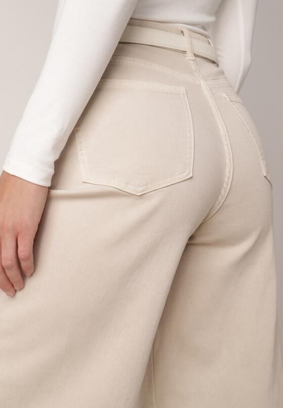 Beżowe Bawełniane Jeansy Szerokie z Wysokim Stanem Wylinnys 5