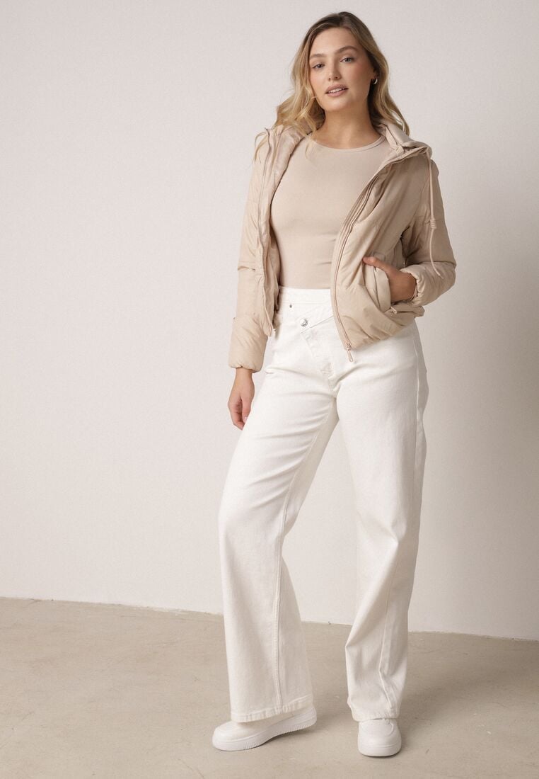 Ciemnobeżowa Kurtka Pikowana z Materiałowym Kapturem Odpinanym Jasilea 2