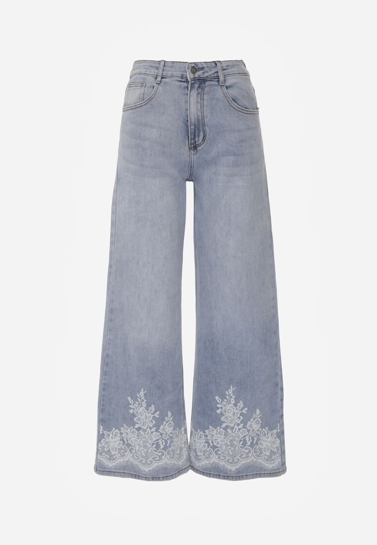 Niebieskie Szerokie Jeansy z Ozdobnym Boho Nadrukiem na Nogawkach Asoochis 6