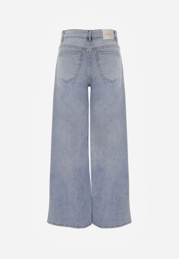 Niebieskie Szerokie Jeansy z Ozdobnym Boho Nadrukiem na Nogawkach Asoochis 7