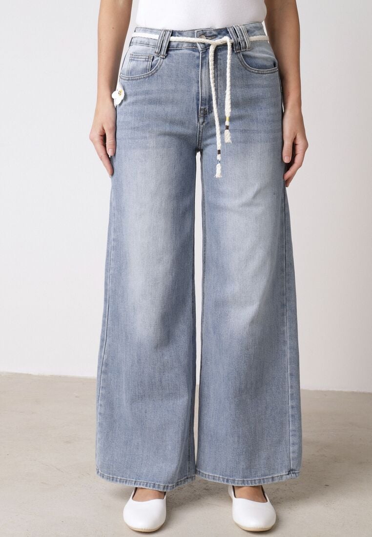 Niebieskie Jeansy z Bawełną o Szerokim Kroju z Wysokim Stanem i Sznurkowym Paskiem Ianaia 4