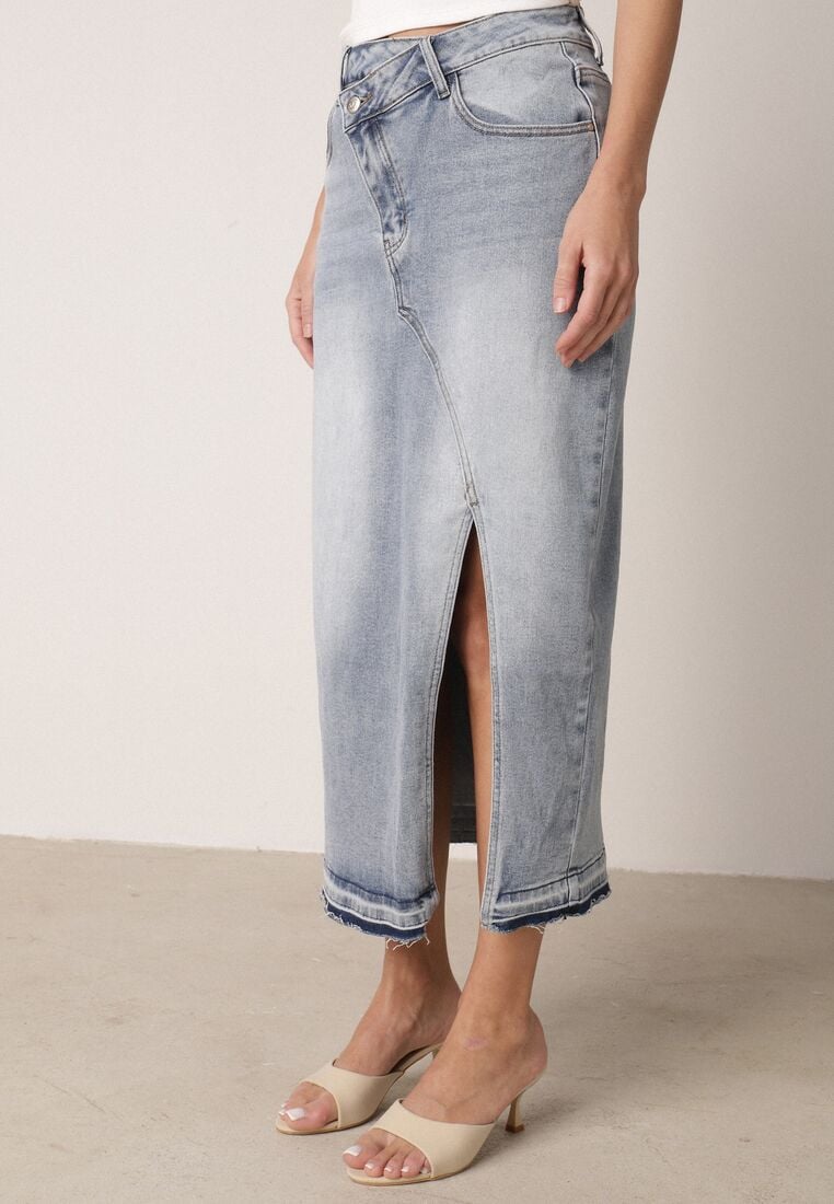 Niebieska Jeansowa Spódnica z Bawełną Wysokim Stanem i Rozcięciem na Nogę  Vikinori 2