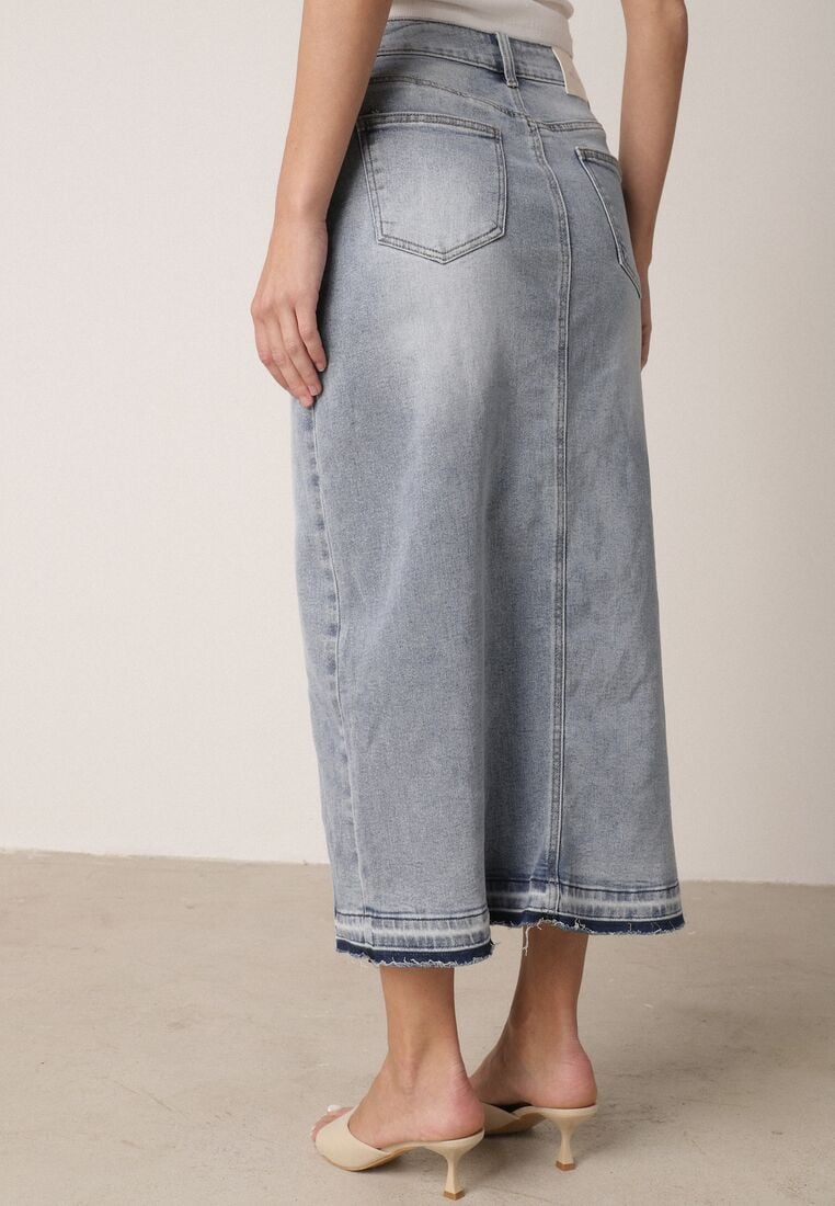Niebieska Jeansowa Spódnica z Bawełną Wysokim Stanem i Rozcięciem na Nogę  Vikinori 3