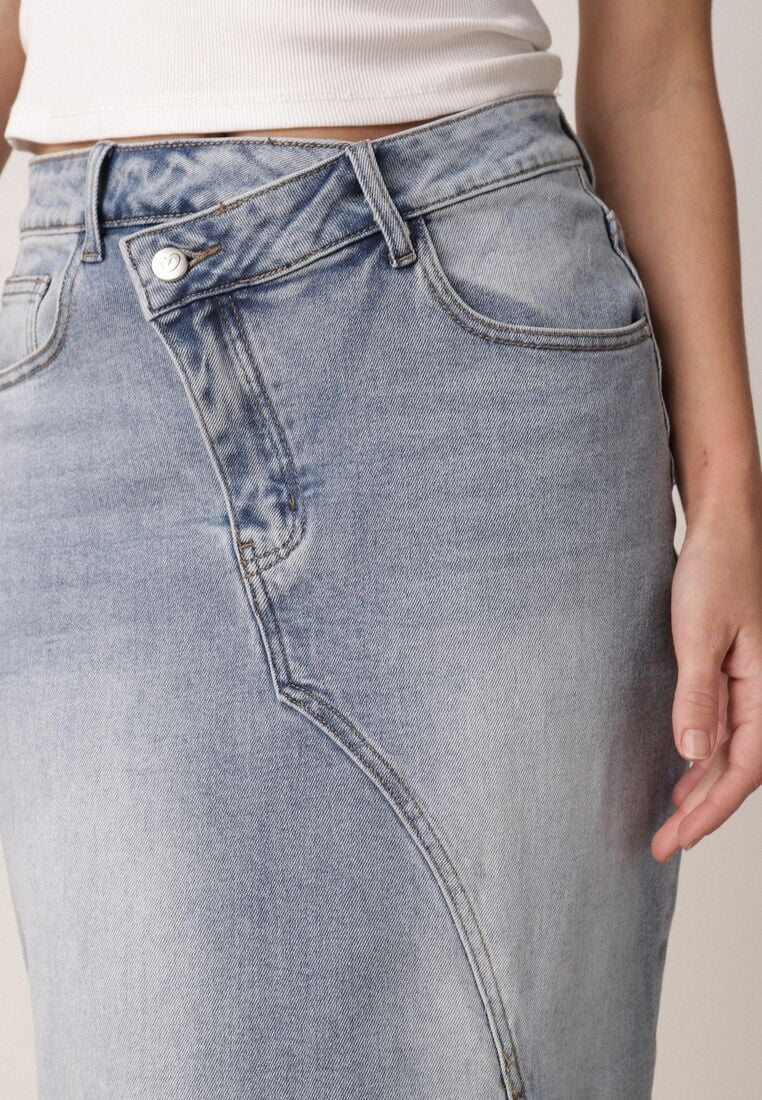 Niebieska Jeansowa Spódnica z Bawełną Wysokim Stanem i Rozcięciem na Nogę  Vikinori 5