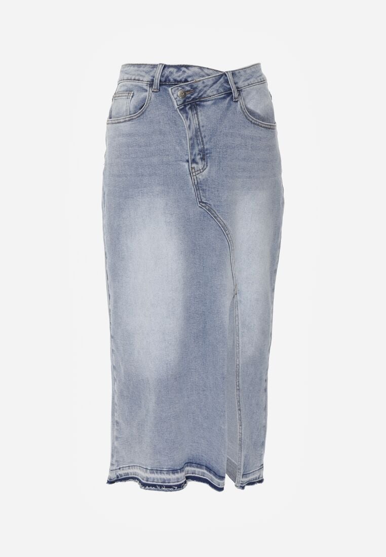 Niebieska Jeansowa Spódnica z Bawełną Wysokim Stanem i Rozcięciem na Nogę  Vikinori 6
