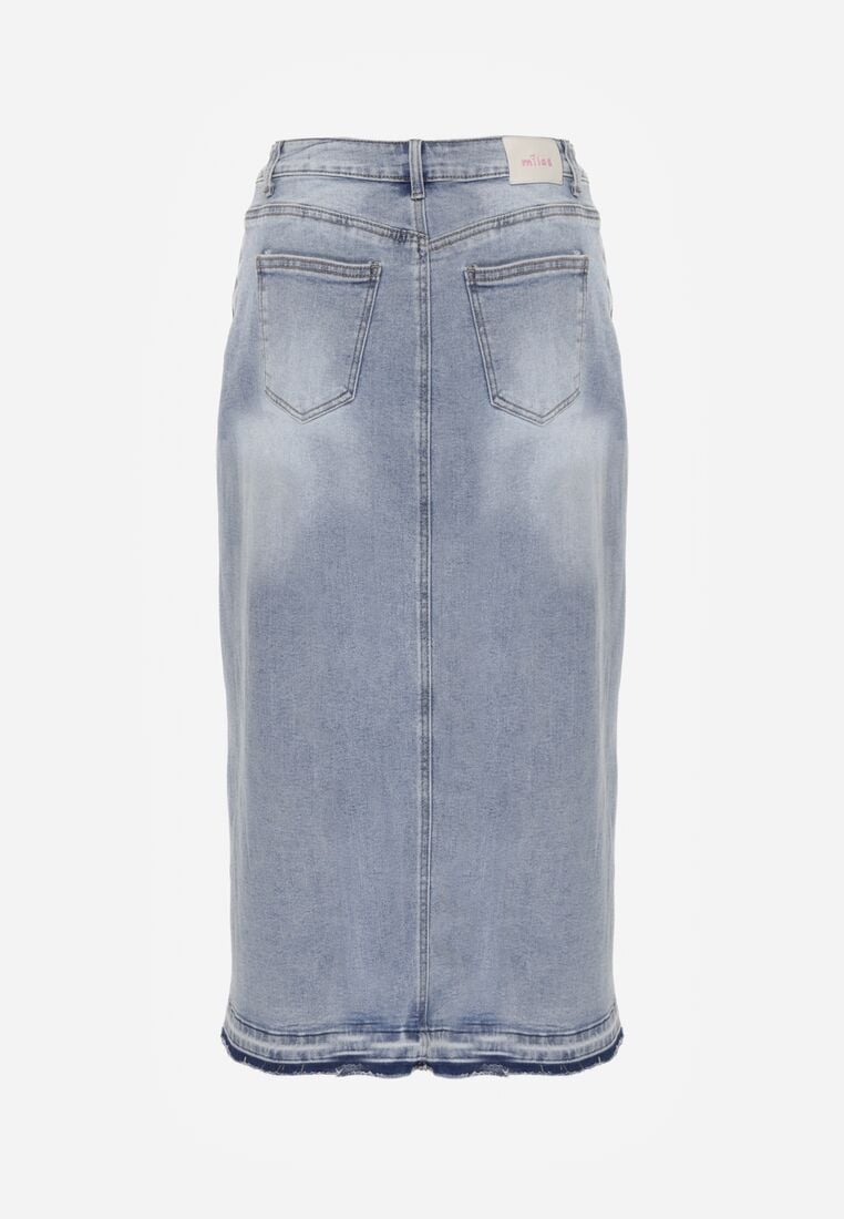 Niebieska Jeansowa Spódnica z Bawełną Wysokim Stanem i Rozcięciem na Nogę  Vikinori 7