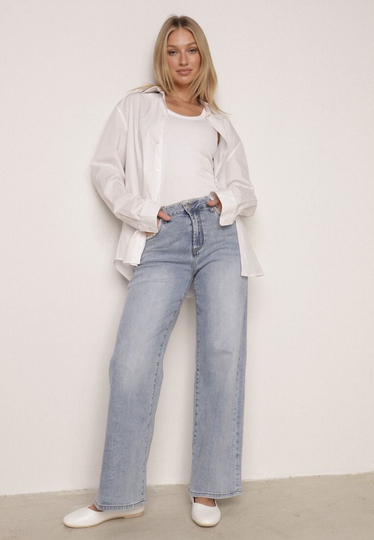 Niebieskie Jeansy Szerokie z Wysokim Stanem Ozdobione Przeszyciami Aikaea 1